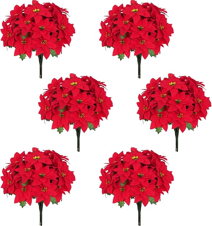 Christmas Decorations - 12 Pack Poinsettias Artificial Christmas Flowers, Fake Red Velvet Artificial Poinsettias Flowers for Christmas Tree Home Party Porch Yard Indoor Outdoor Decor