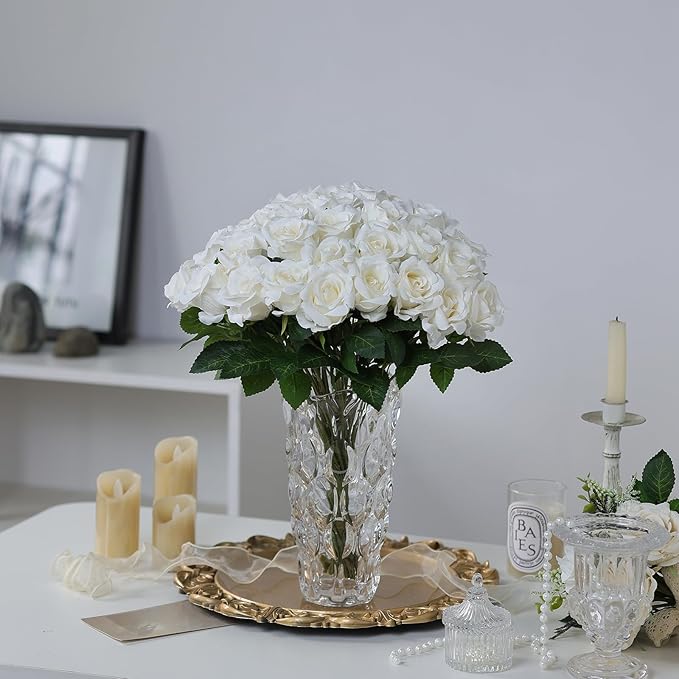 FOTEEWL 60 Pcs Artificial Rose Flower Realistic Faux Silk Roses Stem Fake Roses Bouquet for Flower Arrangement,Wedding Centerpieces,Party,Home Decorations (Beige)