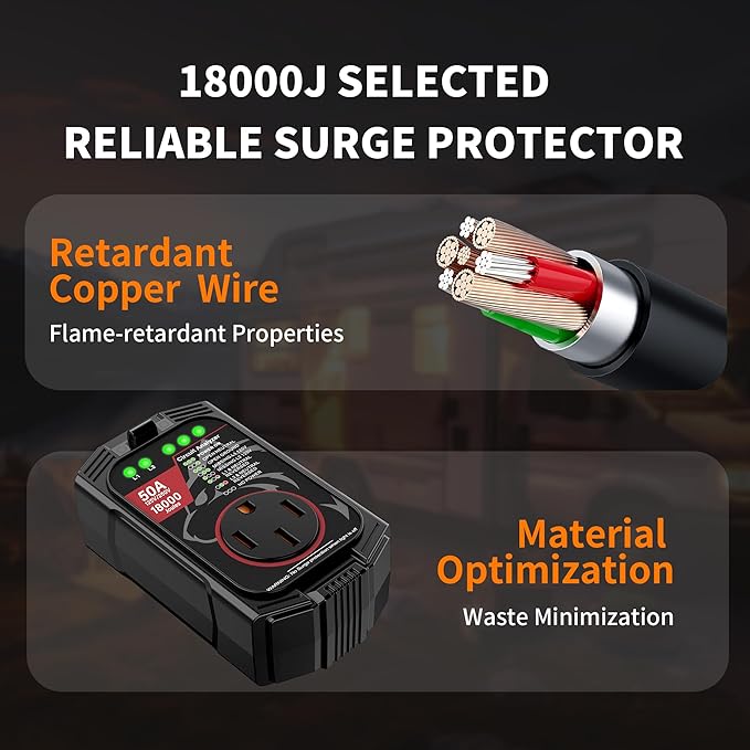 Vehiker 𝟏𝟖𝟎𝟎𝟎 𝐉𝐨𝐮𝐥𝐞𝐬-RV Surge Protector 50 Amp, RV Power Surge Voltage Protection, RV Adapter Plug for Camper, Circuit Analyzer for Travel Trailers with Waterpoof Cover(Orange)