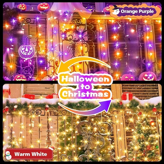 KOUQIYA Battery Halloween Lights 2 Pack, 17ft 50 LED Dual Color Changing Mini String Light with 3 Auto-Timer Options and12 Lighting Modes Waterproof Tree Lights (Orange Purple & Warm White)