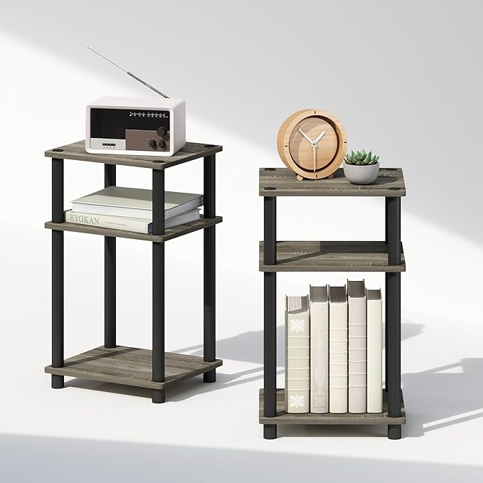 Furinno Just 3-Tier Turn-N-Tube Open Storage Nightstand, 2-Pack, Plastic Poles, French Oak/Black