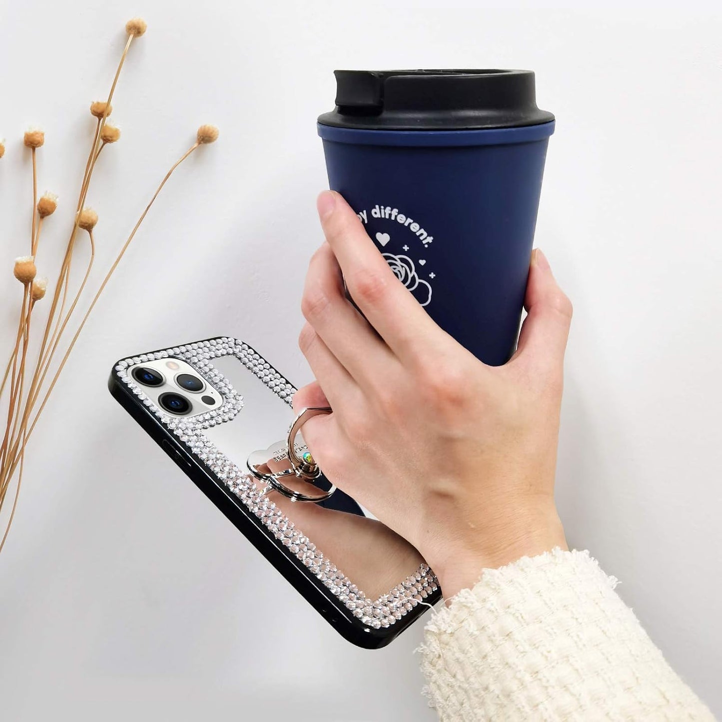 LUVI 6.7 inch Compatible iPhone 12 Pro Max Diamond Glitter Case with Makeup Mirror, Ring Holder, Bling Rhinestone