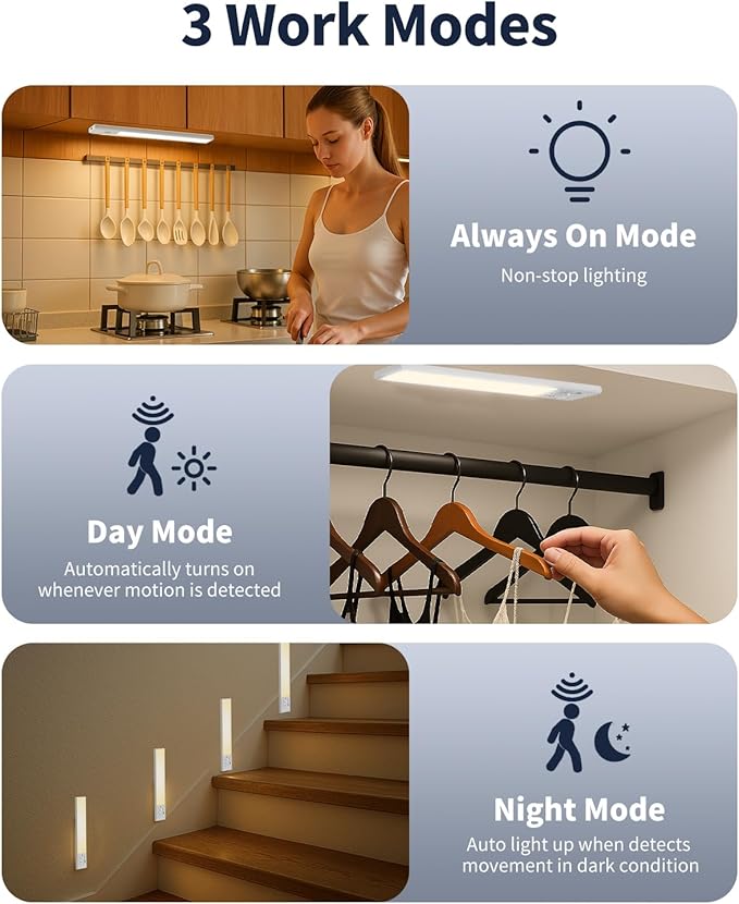 FBY Under Cabinet Lighting,1800mAh USB Rechargeable Closet Light, 8-Inch LED Motion Sensor Indoor, 3-Level Adjustable Brightness and 3 Color Temperature Options (3Pack)