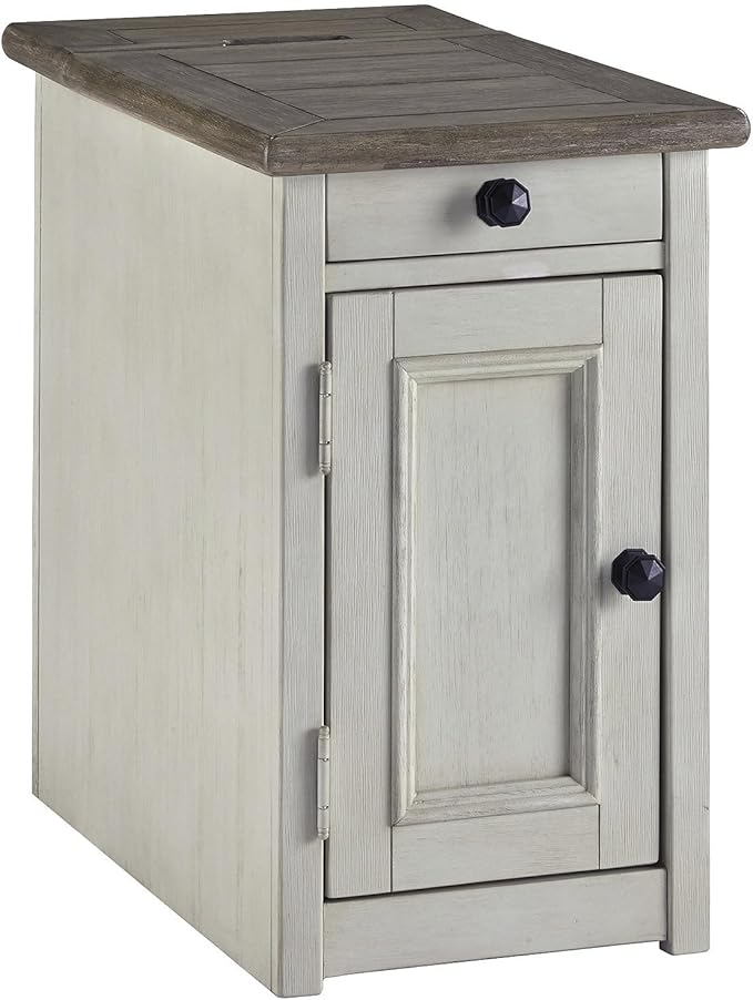 Signature Design by Ashley Bolanburg Farmhouse Chair Side End Table with Outlets and USB Ports, Antique Cream & Brown
