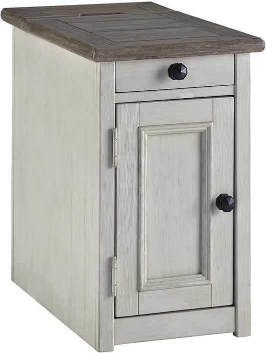 Signature Design by Ashley Bolanburg Farmhouse Chair Side End Table with Outlets and USB Ports, Antique Cream & Brown