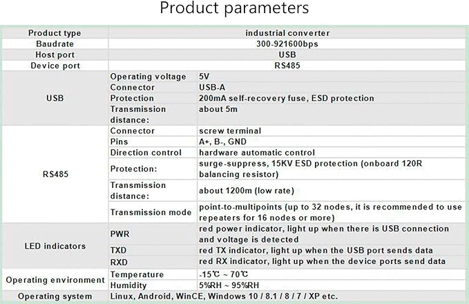 USB to RS485 Converter Industrial Adapter Original FT232RL and SP485EEN Fast Communication Embedded Protection Circuits Resettable Fuse ESD Protection