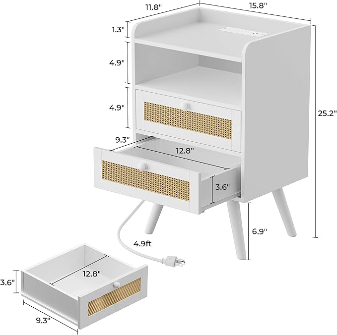 SUPERJARE 2 Drawer Night Stand with Charger Station, Boho Rattan Nightstand Set of 2, 25.2 Inch Tall Bed Side Table with Solid Wood Feet, End Table, Open Storage, Synthetic Rattan, for Dorm, White