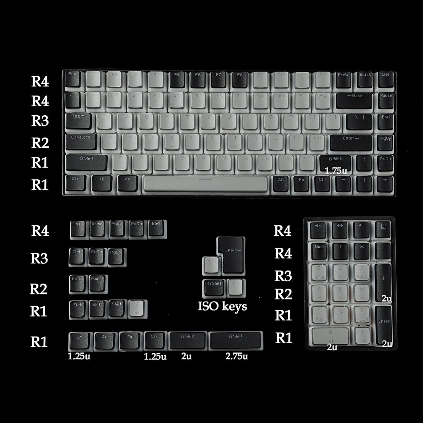 YMDK 128 PBT Double Shot ANSI ISO OEM Profile Pudding Keycaps for MX Mechanical Keyboard 61 68 87 104 (128 Black Gray)