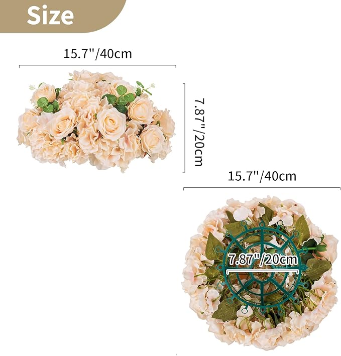 NUPTIO Flower Ball Arrangement Bouquet - 2 Pcs 15.7 inch Diameter Champagne Fake Flowers Roses Balls for Centerpieces Tables - Artificial Rose Arrangements for Wedding Centerpiece Table Decorations