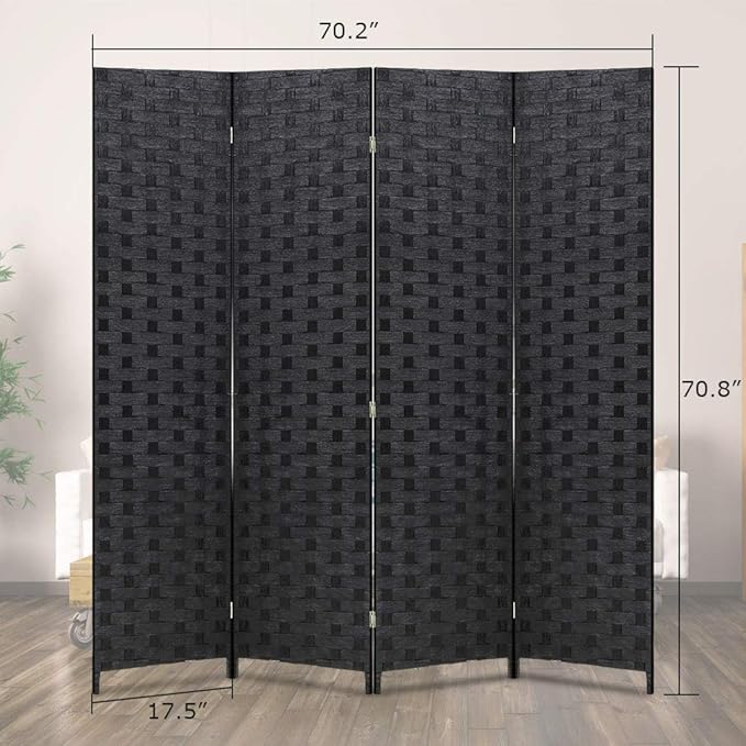 FDW Room Divider 6FT Wall Divider Wood Screen 4 Panels Wood Mesh Hand-Woven Design Room Screen Divider Indoor Folding Portable Partition Screen,Black