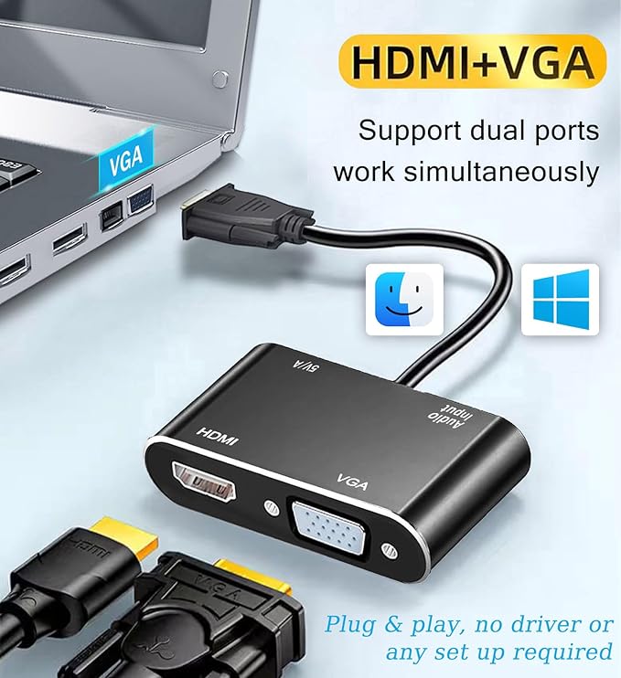 VGA to HDMI+VGA Adapter for Dual Monitors, VGA to HDMI Adapter Splitter 2 in 1,1080P@60HZ Full HD Display Video Converter for PC Laptop Link Monitor/HDTV/Projector (for Windows & MaC os)