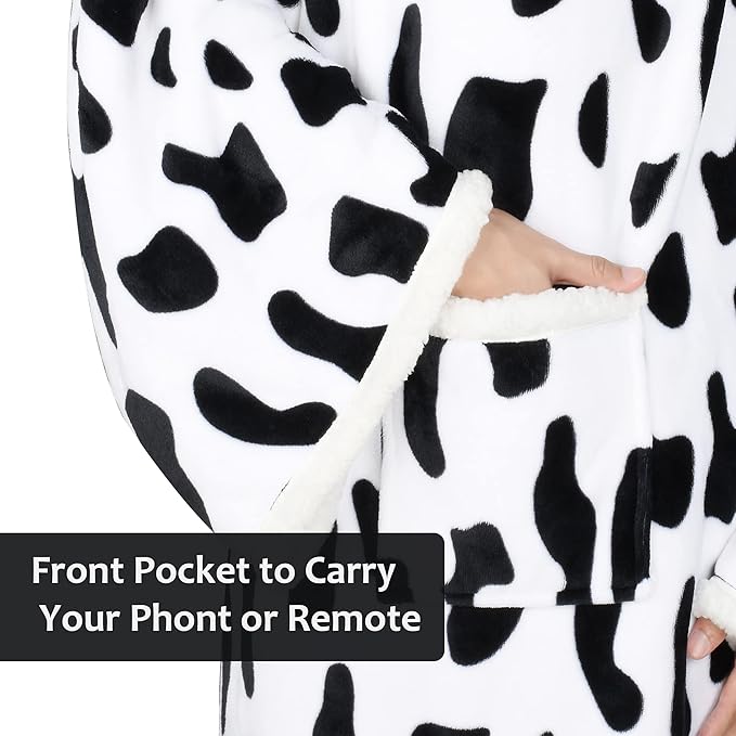 Catalonia Cow Print Sherpa Wearable Blanket with Sleeves & Foot Pockets for Adult Women Men, Comfy Snuggly Wrap Sleeved Throw Blanket Robe, Gift Idea