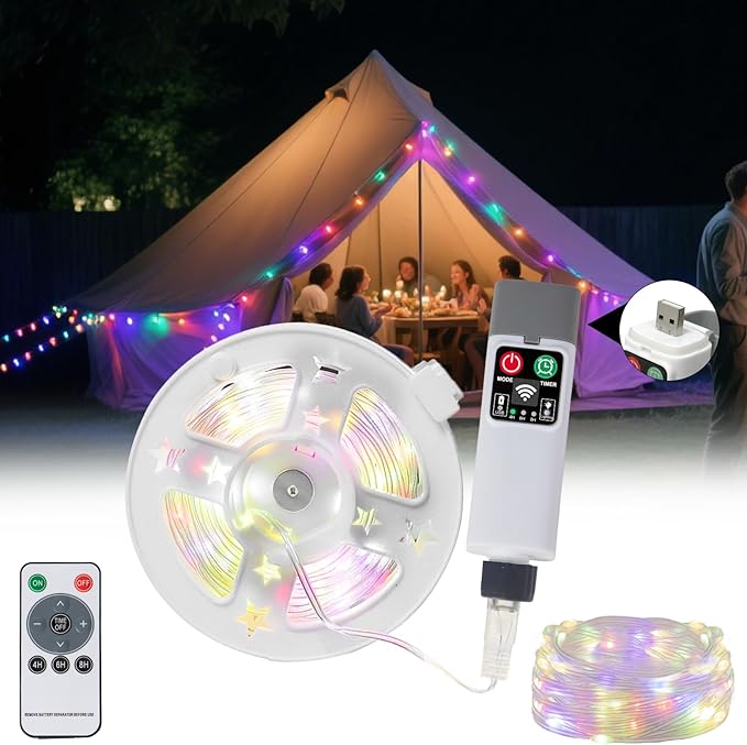 Moobibear Camping String Lights, Quick Storage, 33FT/100LED RGB Rechargeable Tent Lights String with USB 8 Lighting Modes, Hanging Waterproof Portable LED Lamp for for Camping Essentials, Yard, Party