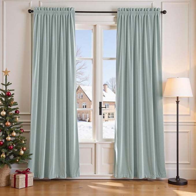 Lazzzy Velvet Blackout Curtains Thermal Insulated Room Window Drapes Super Soft Luxury Curtains for Living Room Bedroom Rod Pocket 2 Panels, Misty Blue, 52" W x 90" L