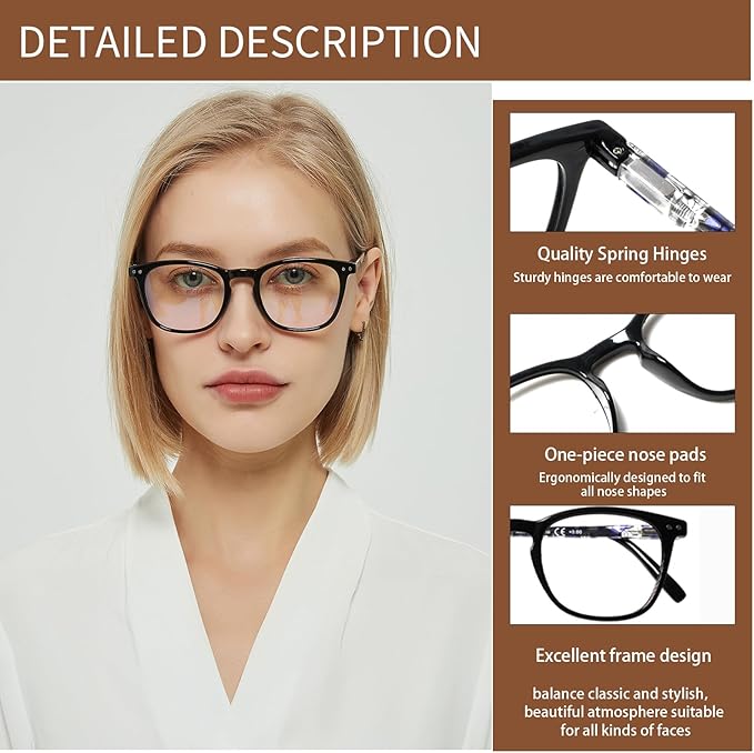 Henotin 3-Pack Blue Light Blocking Reading Glasses,Spring Hinge Computer Readers for Men Women,Anti UV Ray Filter Eyeglasses (Mixed Color-2, 1.50, Diopters)