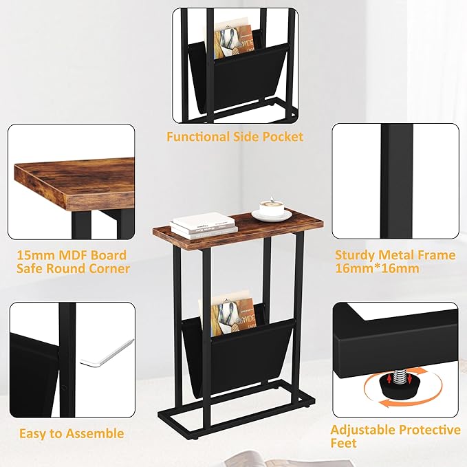 Yusong Narrow Side Table for Small Spaces, Small End Table Set of 2 with Magazine Holder, Skinny Slim Little Thin Table for Living Room, Bedroom, Sofa, Rustic Brown