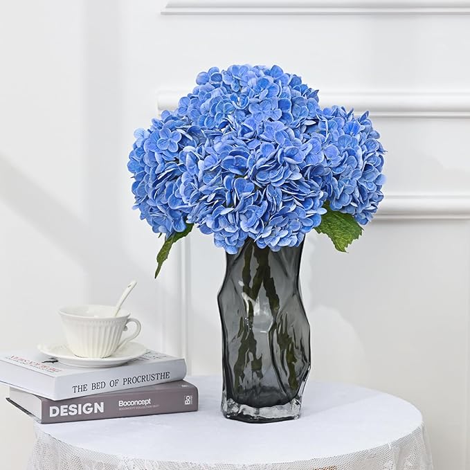 MARTINE MALL 3Pcs 21in Hydrangea Artificial Flowers, Latex Real Touch Hydrangeas Lifelike Large Hydrangea Flowers for Home Decor Party Arrangements Wedding Bouquets Centerpieces (Dark Blue)