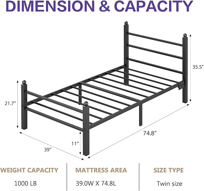 Twin Bed Frame with Headboard and Footboard, Metal Bed Frame with Charging Station and LED Lights, Under Bed Storage, No Box Spring Needed,Noise Free, Black