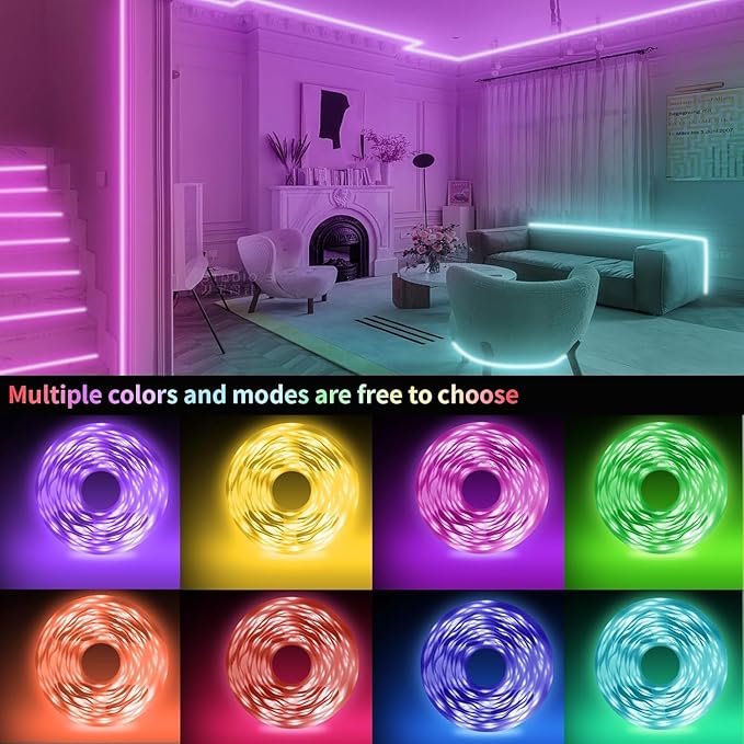 KSIPZE Led Lights for Bedroom 50ft Led Strip Lights with Remote RGB Color Changing Music Sync Bluetooth Smart App Control for Room Bedroom Lighting Flexible Home Décor