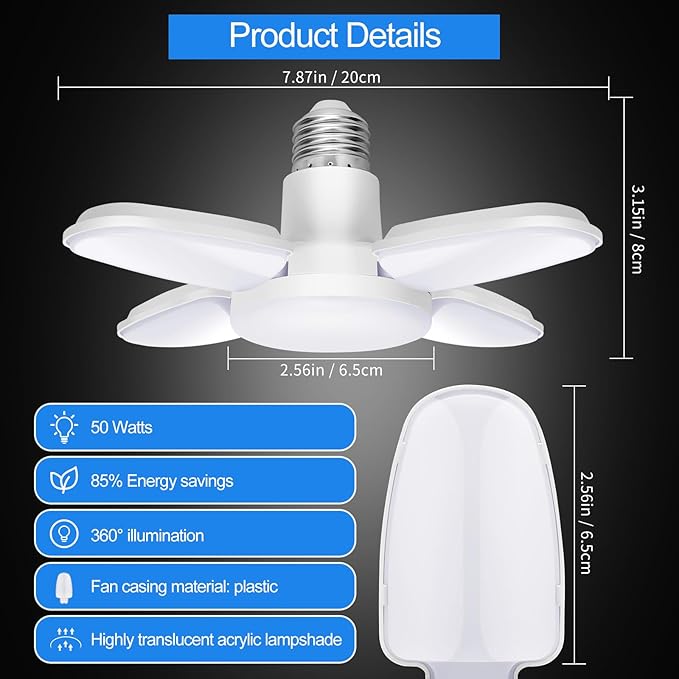 2Pack LED Garage Ceiling Lights, 4 Adjustable Panels, 5000Lumen, E26 6500K Daylight Shop Lights for Garage, Kitchen, Indoor, Attic