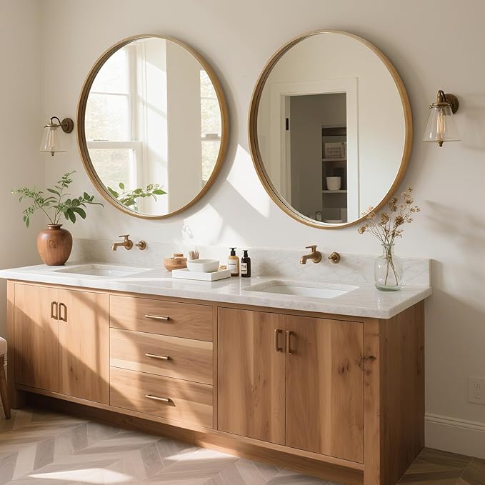 WallBeyond Round Wood Mirror, 32" Round Modern Decoration Large Circle Wall Mirror for Bathroom Living Room Bedroom Entryway, Natural