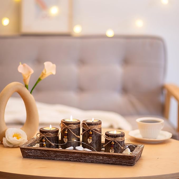 Farmhouse Coffee Table Decor Candle Holder - Romadedi Boho Wooden Tray with 4 Tealight Candles Holders for Tables Centerpiece Home Decorations Living Room Fireplace Kitchen