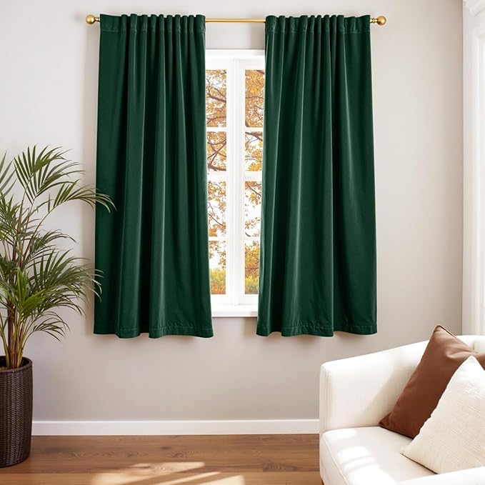 Lazzzy Velvet Blackout Curtains Thermal Insulated Room Window Drapes Super Soft Luxury Curtains for Living Room Bedroom Rod Pocket 2 Panels, Emerald Green, 52" W x 63" L