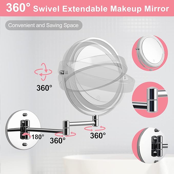 Wall Mounted Makeup Vanity Mirror with Lights, 8” Double Sided 1X/10X Wall Mount Magnifying Bathroom Shaving Mirror with 3 Color Lights, Rechargeable Touch Dimmable Extendable Cosmetic
