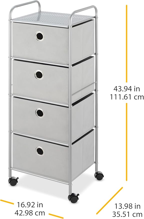 Whitmor 4-Drawer Cart, Metal Frame, Polyester Drawers, Home & Office Organizer, 13.98"L x 16.92"W x 43.94"H, Grey
