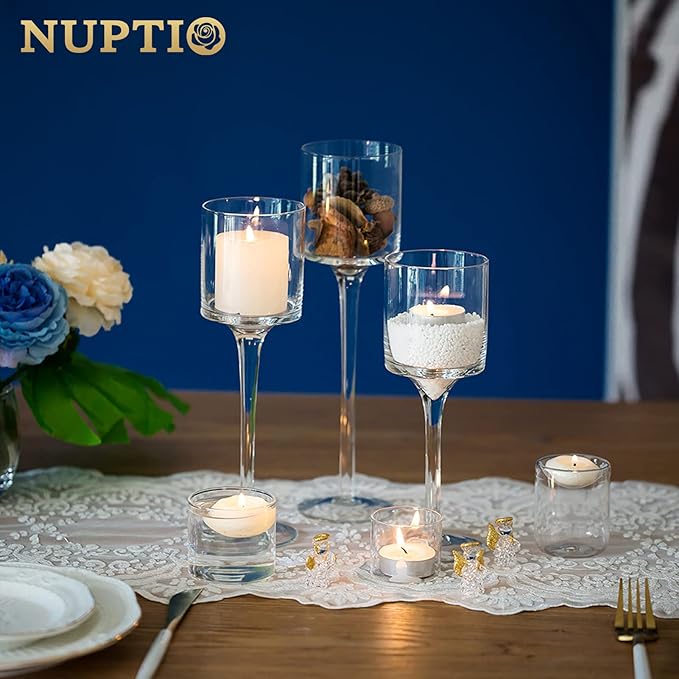 NUPTIO Glass Tealight Candle Holders: Set of 6 Tall Candle Stands for Dinner Table Centerpiece - Stemmed Candleholders for Pillar Floating Candles