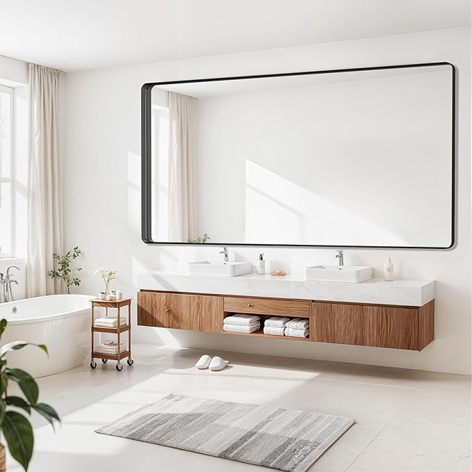 Suidia Bathroom Mirror, 72" x 36" Wall Mirror Metal Framed, Bathroom Vanity Mirror for Living Room Bedroom Bathroom Entryway, Black, Rounded Corner Style