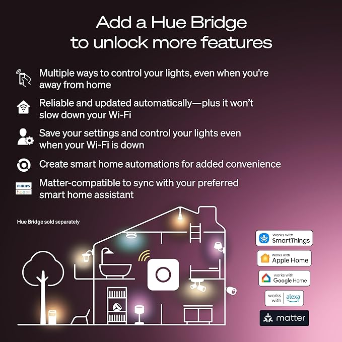 Philips Hue Smart LED A19 Bulb, White & Color Ambiance, E26 Base, 7.2W, Full Spectrum Light 1000K-20000K, 810 Lumens, Dimmable, Works with Alexa, Google,& Apple Home, 3pk