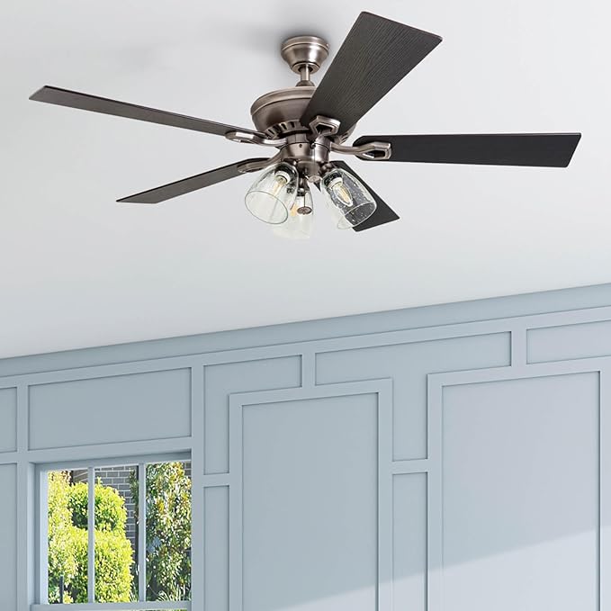 Prominence Home Glenmont, 52 Inch Farmhouse LED Ceiling Fan with Light, Pull Chain, Three Mounting Options, Dual Finish Blades, Reversible Motor - 50388-01 (Pewter)