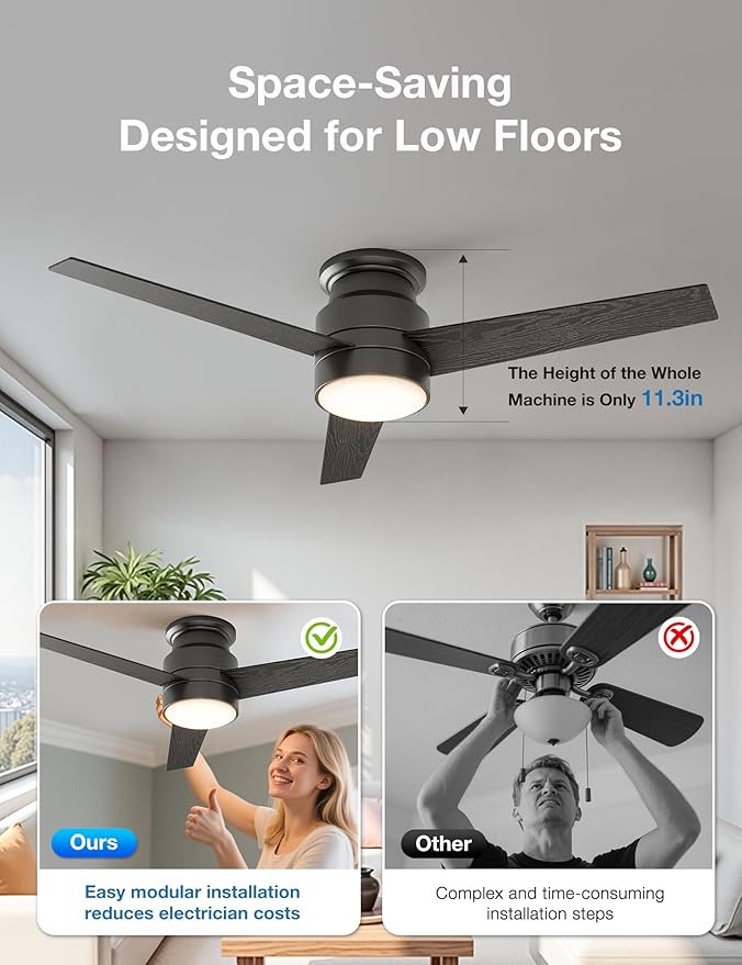warmiplanet Flush Mount Ceiling Fan with Lights Remote Control, 52-Inch, Black, 3-Blades