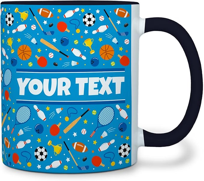 Personalized Mug for Kids - Sports - Custom Name/Text, Ceramic Hot Chocolate/Cocoa/Coffee Cup for Boys/Girls, Birthday/Christmas/Holiday Gift - 11 oz, Black Handle