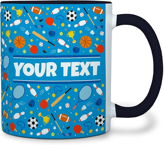 Personalized Mug for Kids - Sports - Custom Name/Text, Ceramic Hot Chocolate/Cocoa/Coffee Cup for Boys/Girls, Birthday/Christmas/Holiday Gift - 11 oz, Black Handle