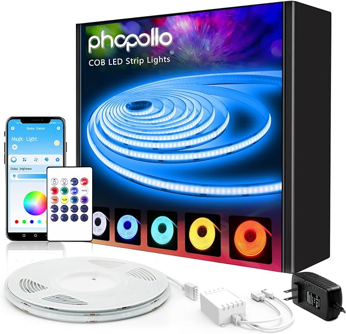 phopollo COB LED Strip Lights, Multi-Color 576 LEDs/m High Density Flexible 24V Led Lights with RF & App Control, LED Lights for Bedroom, Kitchen, Cabinet Lighting-16.4ft