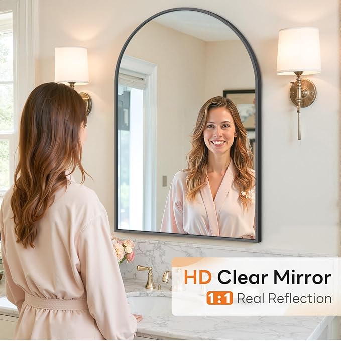 Sweetcrispy Arched Bathroom Mirror 36x25 Inch Black Metal Framed Arch Vanity Mirror for Wall, Over Sink, Farmhouse, Restroom, Anti-Rust, Modern Decorative, Hanging or Leaning