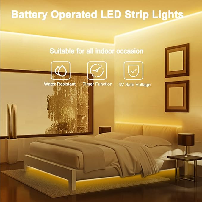 LED Strip Lights Battery Operated, 9.8 Ft 90 LED Led Strip Lights with Remote Timer Dimmable, Waterproof Flexible Lights Strip for Indoor Outdoor TV Table Bedroom Boat Kitchen (Warm White)