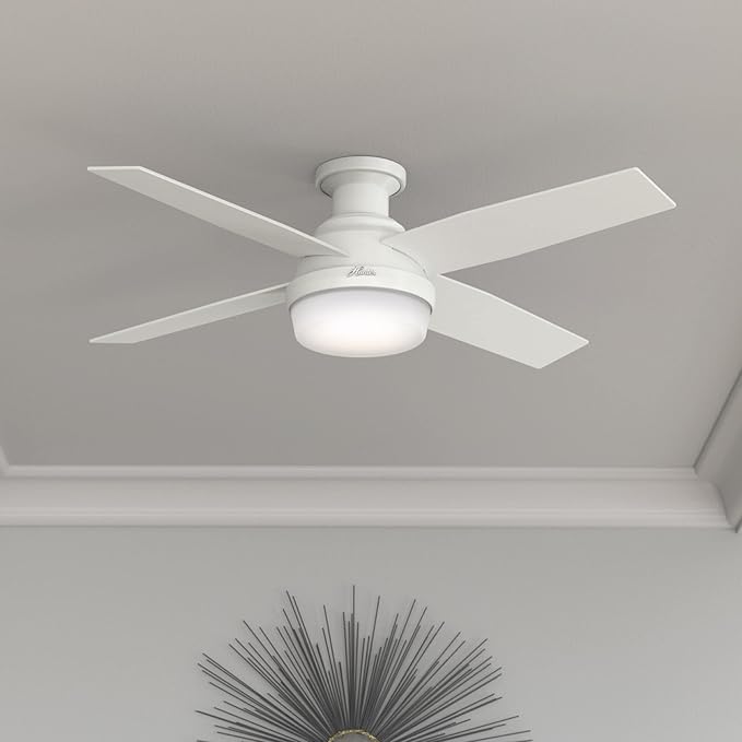 Hunter 52 inch Indoor Ceiling Fan with LED Light and Remote Control - White Modern Ceiling Fan, Low Profile Mount, 4 Blades, For Bedroom, Living Room, or Kitchen, Quiet - Dempsey 59242, Fresh White