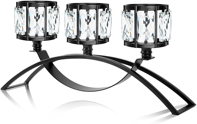 Black 3-Arm Crystal Candle Holders Arched - Elegant Tabletop Candelabra Centerpiece for Weddings, Dining Room Decor, Modern Home & Cabinet Display Housewarming