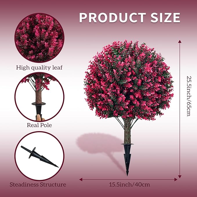 Artificial Rose Boxwood Spherical Tree, UV-Resistant Faux Shrub, Set of 2 Outdoor Artificial Plants, Suitable for Gardens, Porches and Outdoor Planters [24 inches]