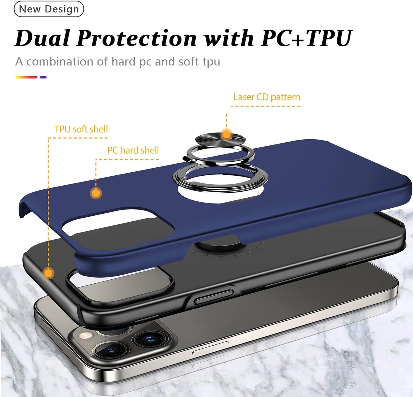 PELEPUES Shockproof Case for iPhone 13 Pro Max, Embedded Finger Ring Military Grade Phone Case Cover with Kickstand