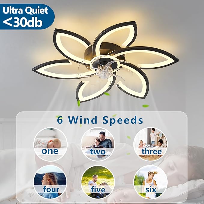 Ceiling Fan with Lights Remote Control, Black Flower Ceiling Fan with Light, 3 Light Color Modern Low Profile Flush Mount Ceiling Fan for Kitchen Bedroom Living Room
