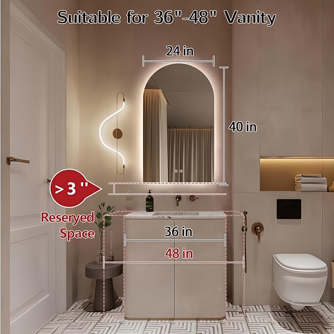 Niccy Arched LED Bathroom Mirror, 40x24 Inch Arch Frameless Backlit Mirrors for Wall Arched Lighted Vanity Mirrors Defogger and 3 Color, Explosion-Proof, HD Glass and IP65 Waterproof