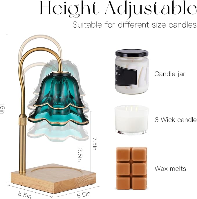 Candle Warmer Lamp with Timer: Flower Candle Warmer with 2 Bulbs Green Height Adjustable Candle Warming Lamps Home Bedroom Decor Birthday Gift for Women