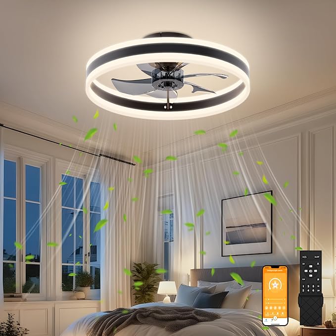 VOLISUN Fandelier Ceiling Fans with Lights and Remote, 15.7in Low Profile Ceiling Fan Flush Mount, 3000K-6500K Dimmable Bladeless LED Fan Light, Black Modern Ceiling Fans with Lights for Bedroom