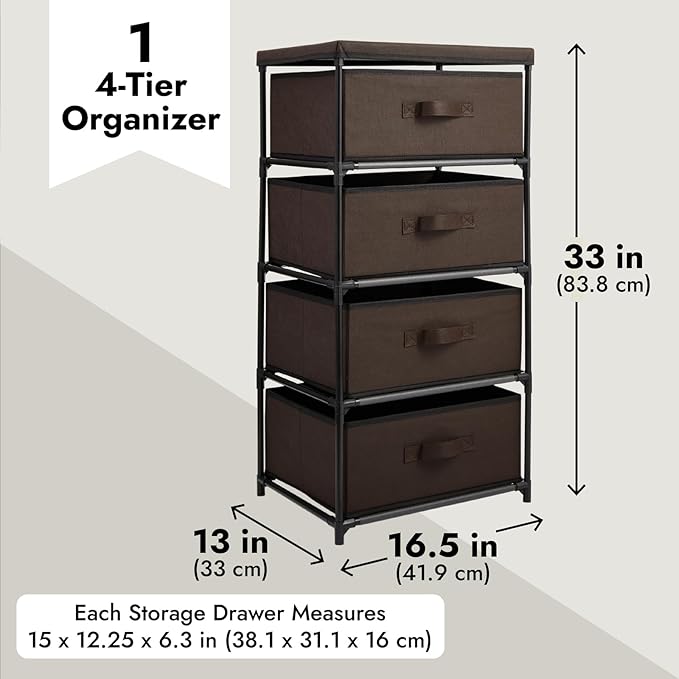 Juvale 4-Tier Closet Organizers & Storage Dresser - 16.5 in L x 13 in W x 33 in H, Dark Brown, Modern - Fabric Drawers for Bedroom Storage & Closet - Metal Frame Clothes Dresser for Narrow Spaces