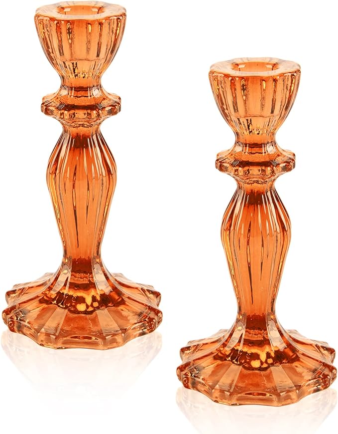 Glass Candle Holders, 2PCS Pillar Candle Holders Decorative Candlestick Holders Table Centerpieces Valentines Wedding Home Decor, Orange