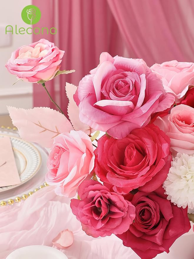 Alecono Artificial Flowers, Hot Pink Fake Flowers Combo Box with Stems for DIY Wedding Bridal Bouquets, Cake Home Decor Indoor Outdoor